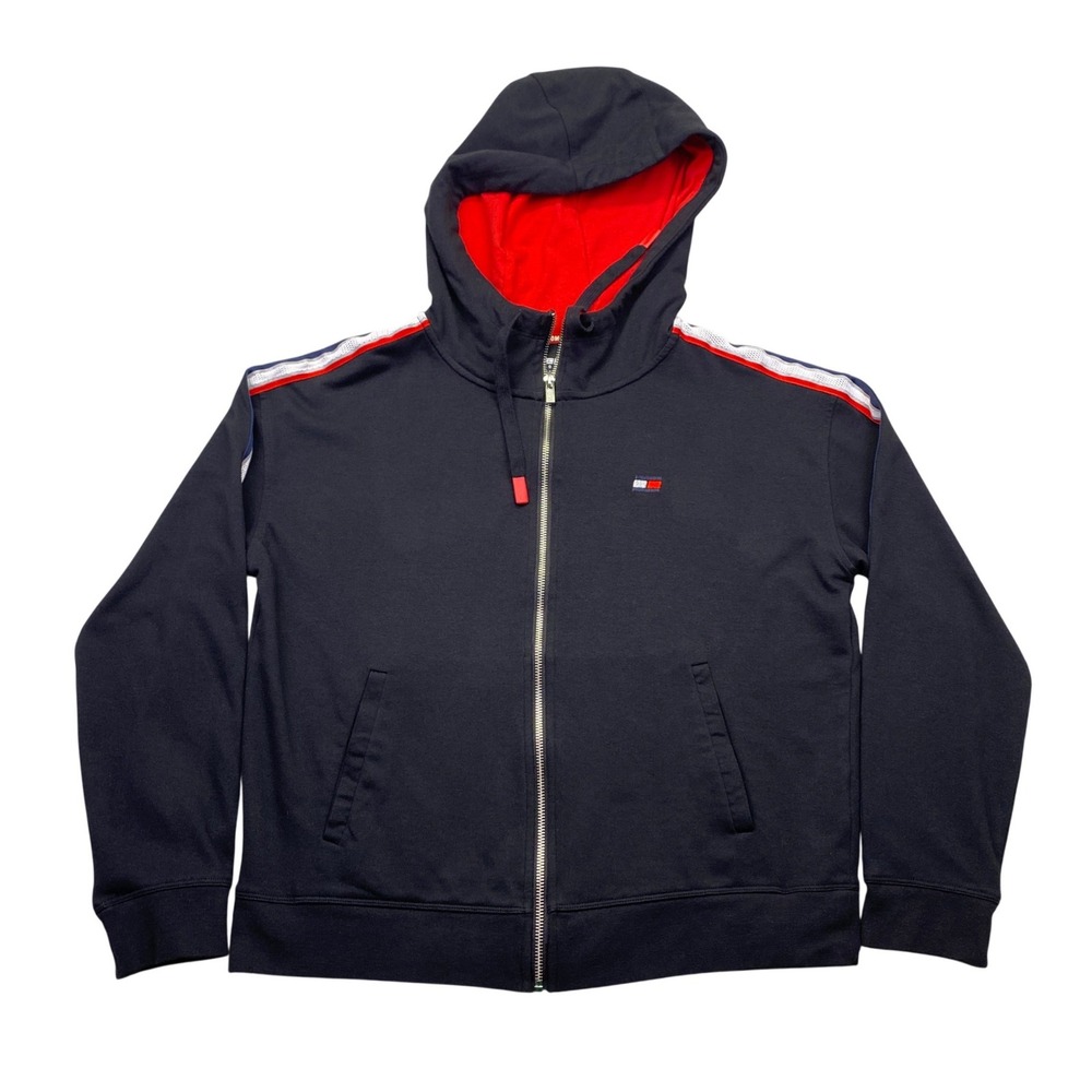 Tommy Hilfiger Sport Mens Large Full Zip Hoodie Navy Blue Red Mesh Stripe L/G